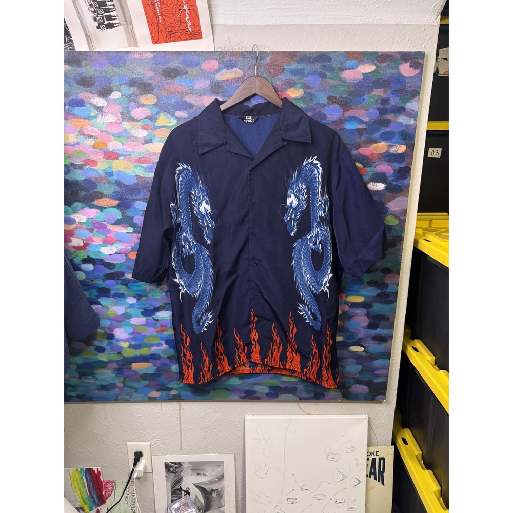 City Impact Mens Blue Dragon Flame Print Button Down Shirt Short Sleeve Navy XL